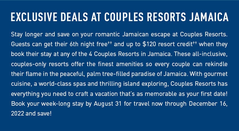6th Night Free at Couples Resorts Jamaica!